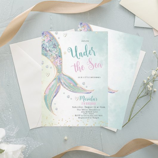 水エレガント色の人魚の尾の下2誕生日 招待状