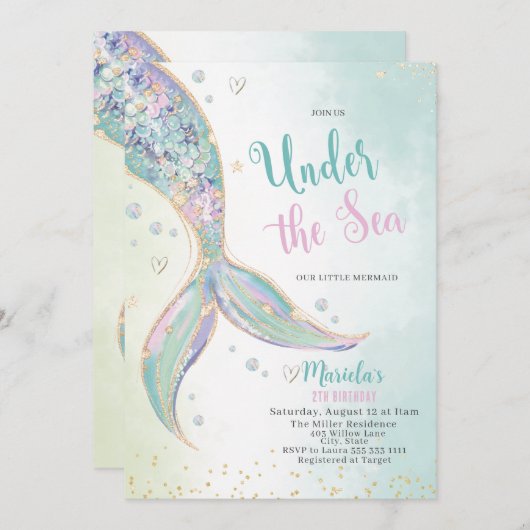 水エレガント色の人魚の尾の下2誕生日 招待状 (正面/裏面)