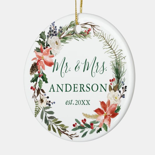 水エレガント色の冬のフローラリース セラミックオーナメント (左)