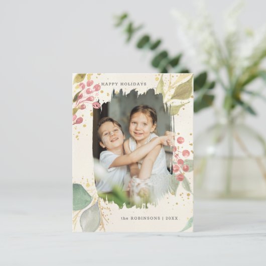 水エレガント色の冬の果実と緑の写真 シーズンポストカード (スタンド正面)