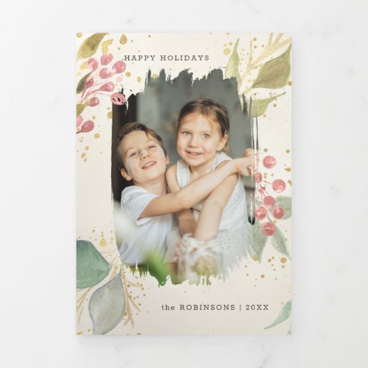 水エレガント色の冬の果実と緑の写真 三つ折りクリスマスカード (カバー)