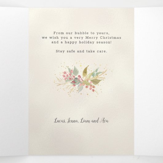 水エレガント色の冬の果実と緑の写真 三つ折りクリスマスカード (内部中)