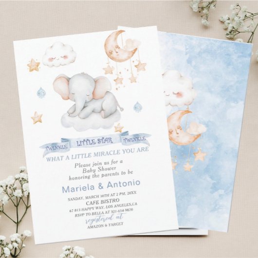 水エレガント色の小さな星の象ベビーショー 招待状