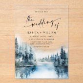 水エレガント色の山の森結婚の アクリル招待状 (正面)