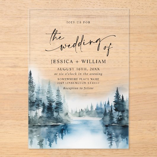 水エレガント色の山の森結婚の アクリル招待状 (正面)