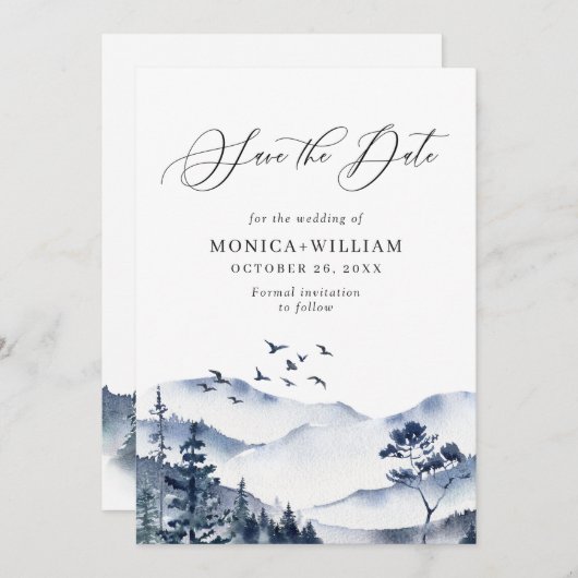 水エレガント色の山の森結婚の セーブザデート (正面/裏面)
