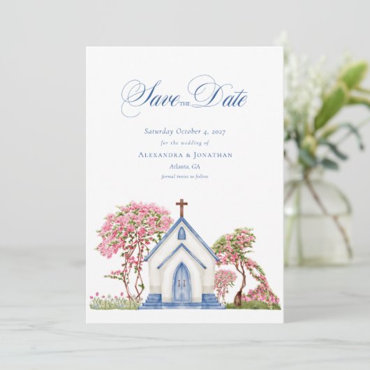 水エレガント色の教会の結婚式の日付を保存 招待状 (スタンド正面)