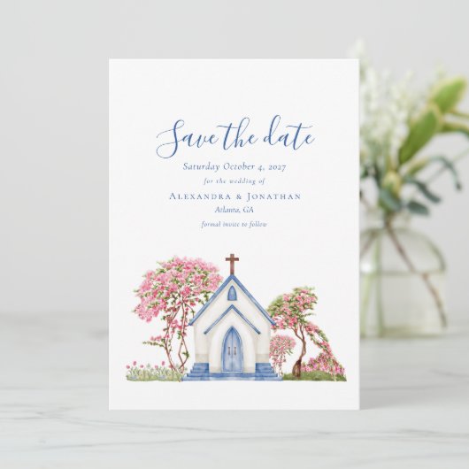 水エレガント色の教会の結婚式の日付を保存 招待状 (スタンド正面)
