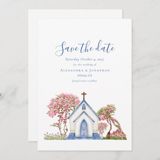 水エレガント色の教会の結婚式の日付を保存 招待状 (正面/裏面)