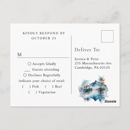 水エレガント色の森の山々ウェディングRSVP ポストカード (裏面)
