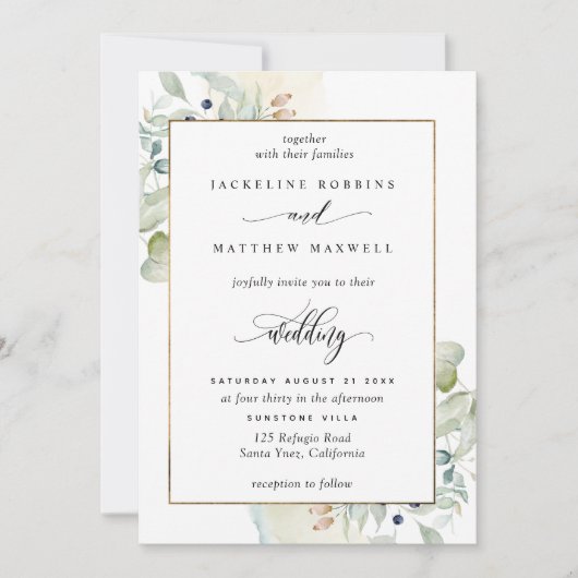 水エレガント色の汚れの緑結婚色 招待状 (正面)