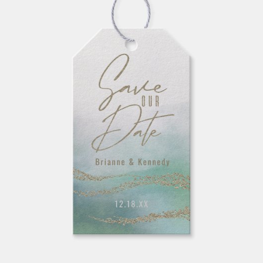 水エレガント色の海と金ゴールドの救私たちの日付 ギフトタグ (正面)