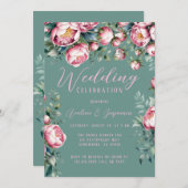 水エレガント色の牡丹の結婚花束 招待状 (正面/裏面)