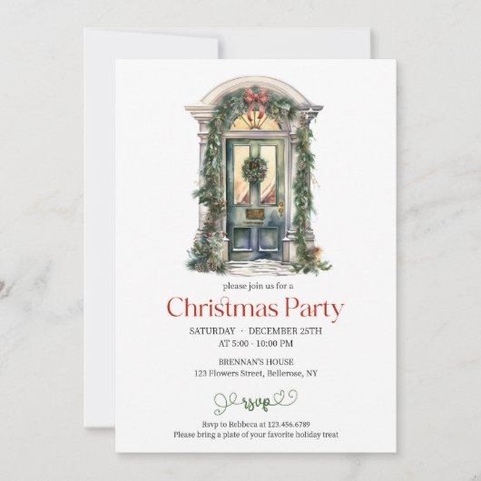 水エレガント色の素朴な緑のクリスマスドア 招待状 (正面)