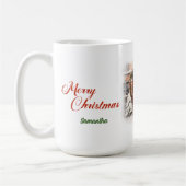 水エレガント色の素朴な赤いドア雪の松の木 コーヒーマグカップ (左)