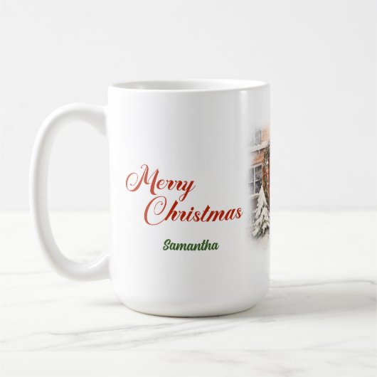 水エレガント色の素朴な赤いドア雪の松の木 コーヒーマグカップ (左)