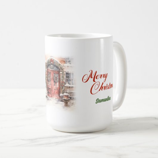 水エレガント色の素朴な赤いドア雪の松の木 コーヒーマグカップ (正面右)