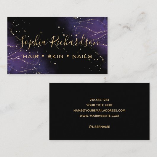 水エレガント色の紫と金ゴールド灰 名刺 (正面/裏面)