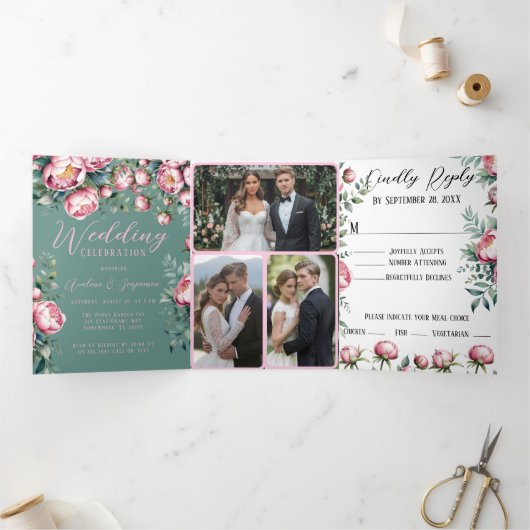 水エレガント色の結婚式の招待で牡丹ブーケ 三つ折りクリスマスカード (内部)