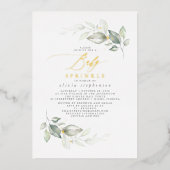 水エレガント色の緑と金ゴールドベビー散布 箔招待状 (正面)