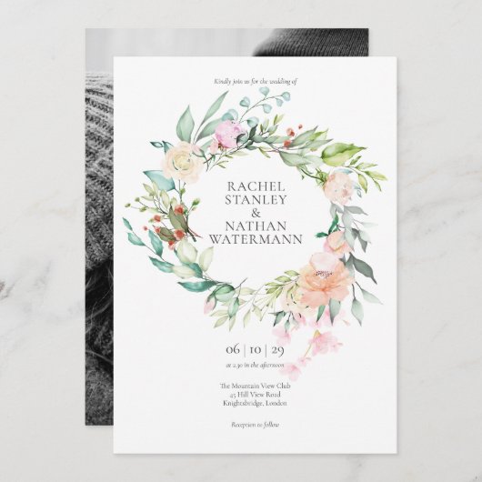 水エレガント色の緑のフローラ写真結婚の 招待状 (正面/裏面)