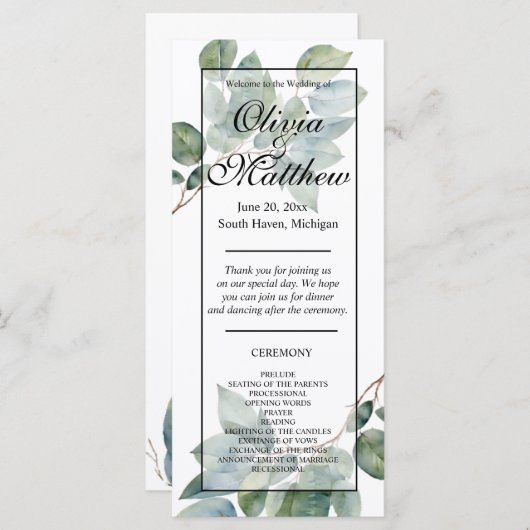 水エレガント色の緑のボホウェディングプログラム (正面/裏面)