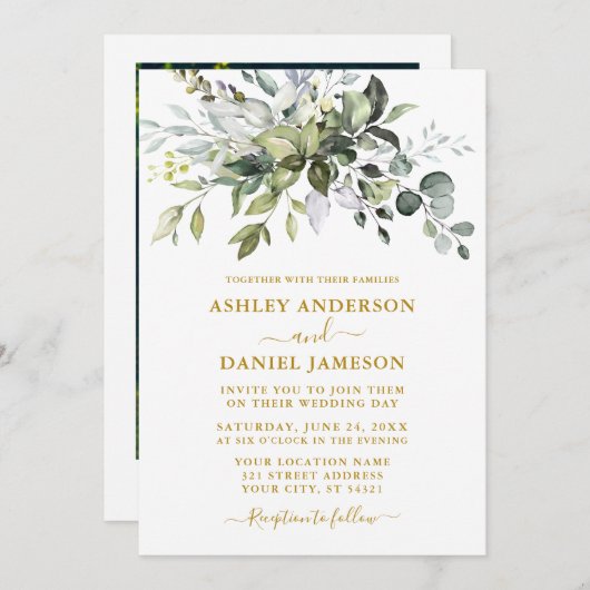 水エレガント色の緑の写真結婚の金ゴールド 招待状 (正面/裏面)