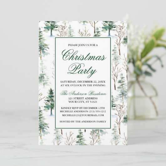 水エレガント色の緑の松のクリスマスパーティー 招待状 (スタンド正面)