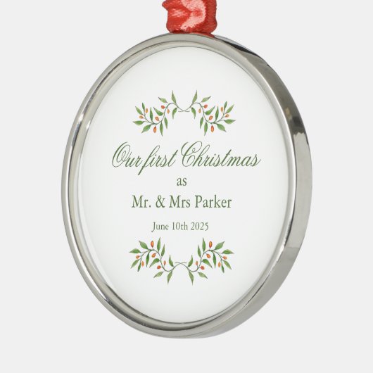 水エレガント色の緑の私たちの初めてのクリスマス メタルオーナメント (左)