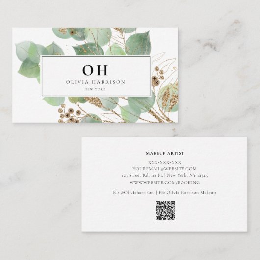 水エレガント色の緑の金ゴールド 名刺 (正面/裏面)