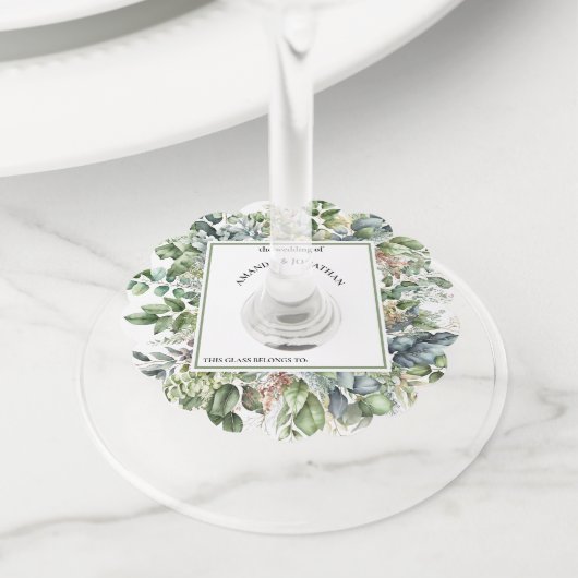水エレガント色の緑結婚のワイングラスラベル ワイングラスタグ (クローズアップ)