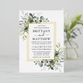 水エレガント色の緑結婚の2フレーム金ゴールド 箔招待状 (立ち正面)