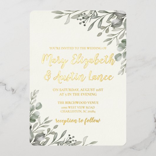 水エレガント色の緑 箔招待状 (正面)