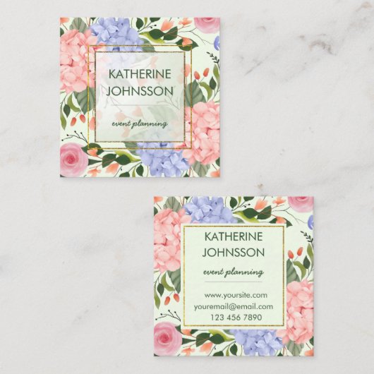 水エレガント色の花あじさいフェイク金ゴールド スクエア名刺 (正面/裏面)