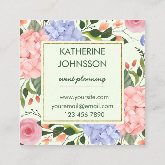 水エレガント色の花あじさいフェイク金ゴールド スクエア名刺 (裏面)