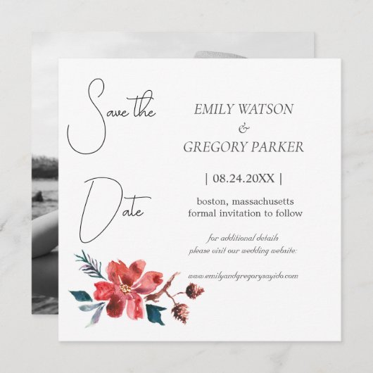 水エレガント色の花のミニマル写真 セーブザデート (正面/裏面)