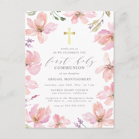 水エレガント色の花の最初の聖餐式 インビテーションポストカード (正面)