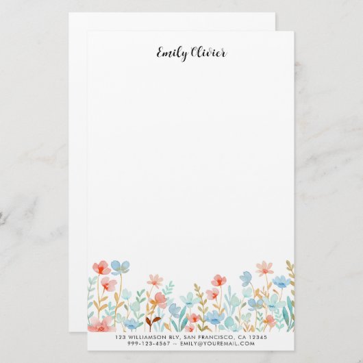 水エレガント色の花をパーソナライズ文字 便箋 (正面/裏面)