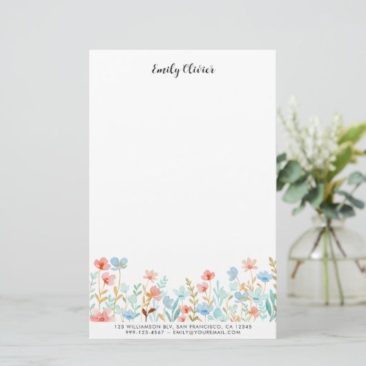 水エレガント色の花をパーソナライズ文字 便箋 (スタンド正面)