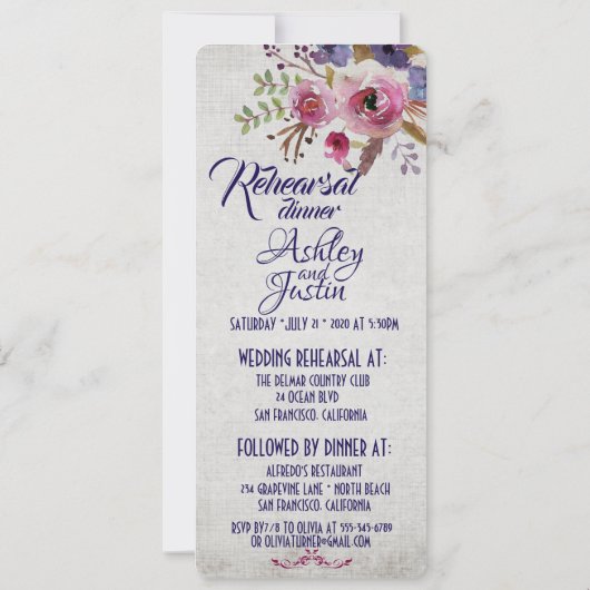 水エレガント色の花リハーサルディナーカード 招待状 (裏面)
