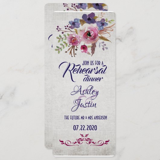 水エレガント色の花リハーサルディナーカード 招待状 (正面/裏面)