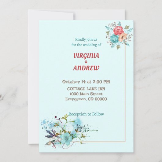 水エレガント色の花結婚式招待状 招待状 (正面)