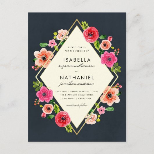 水エレガント色の花 | 金ゴールドフレ結婚ーム ポストカード (正面)