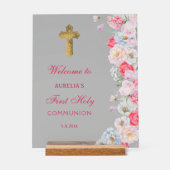 水エレガント色の花First Communion Welcome アクリルサイン (正面)