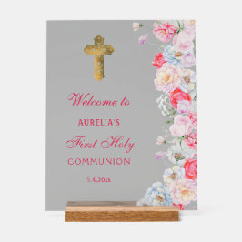水エレガント色の花First Communion Welcome アクリルサイン