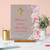 水エレガント色の花First Communion Welcome アクリルサイン (ウェディング)