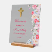 水エレガント色の花First Communion Welcome アクリルサイン (傾斜)