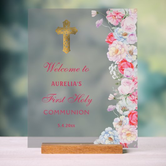 水エレガント色の花First Communion Welcome アクリルサイン (ニュートラル)