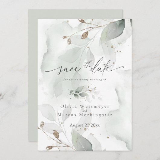 水エレガント色の葉の日付を保存 招待状 (正面/裏面)