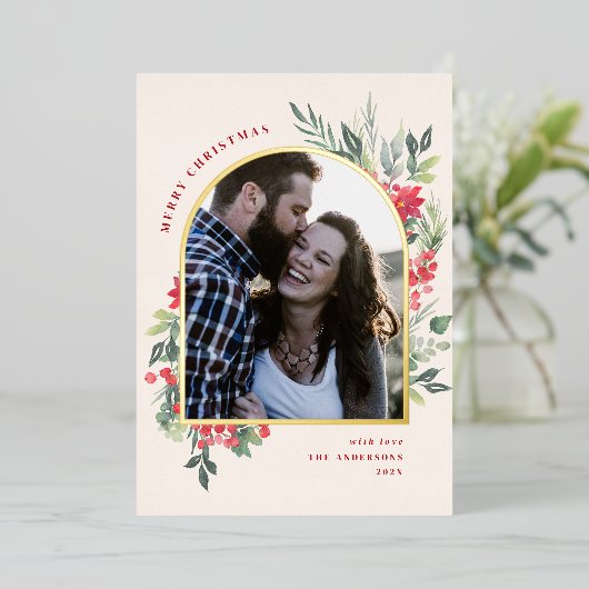 水エレガント色の葉フォトアーチのクリスマス 箔シーズンカード (立ち正面)